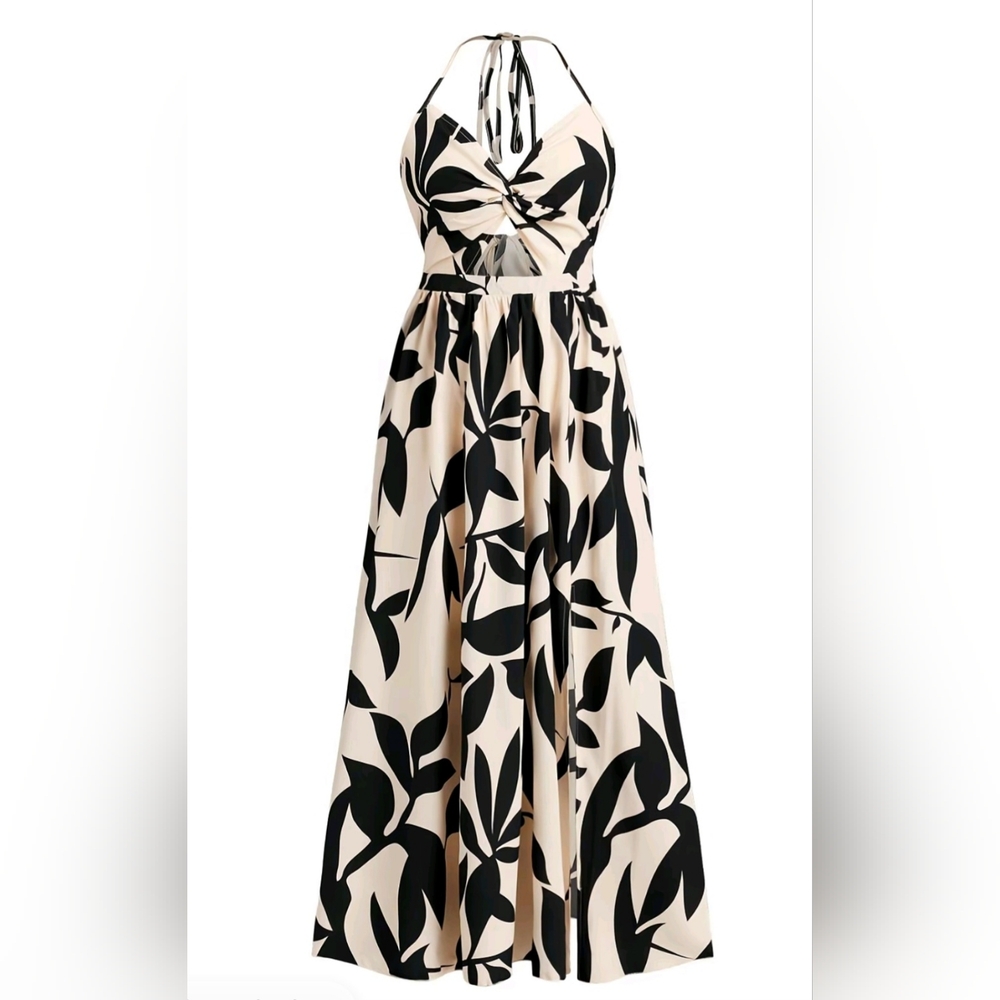 Yozi Black & Cream Leaf Print Halter Maxi Dress – NWOT (Never Worn, Size M)